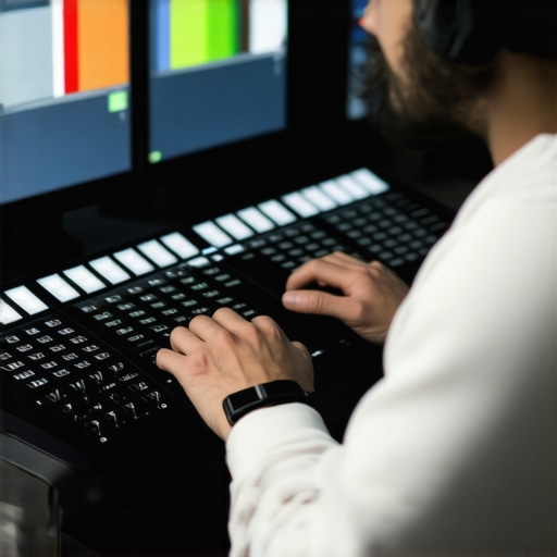 Haptic Control Surface in Modern Video Editing An advanced haptic control surface with sliders and knobs used by a professional in a multimedia editing room.