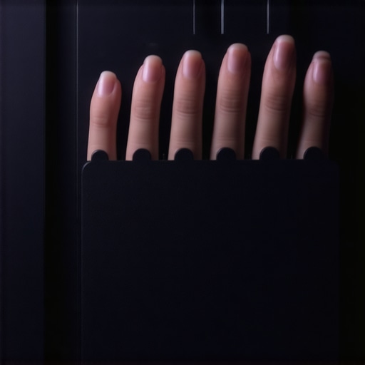 Haptic Feedback Controller in Action A professional video editor's hand using a tactile haptic controller with visual AI interface