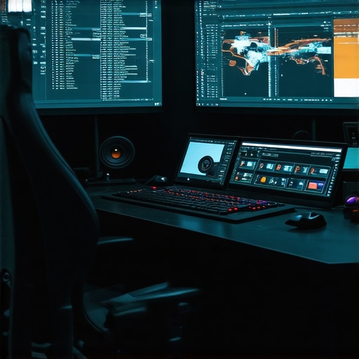 A modern, futuristic editing workstation featuring haptic controllers and high-resolution screens