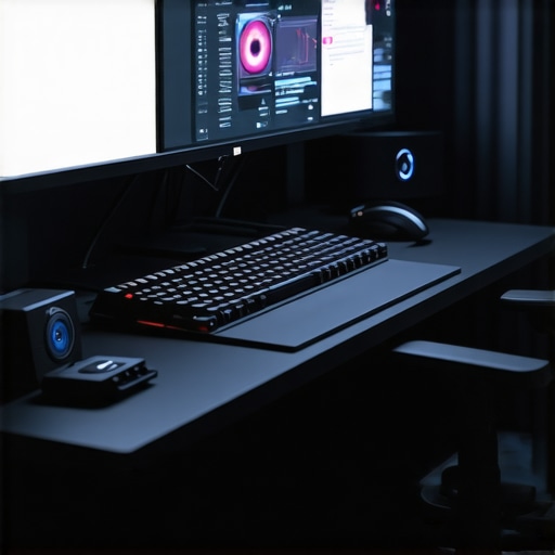 High-Tech Editing Studio Setup A modern editing workspace featuring AI-enabled hardware controls, ultra-wide monitors, and illuminated workstations