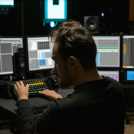 High-Tech Haptic Control Surface for Editors Editor using a haptic feedback control surface with multiple screens in a modern studio.