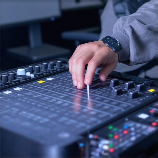 High-Tech Haptic Control Surface for Video Editing Editor manipulating a tactile control panel with sliders and dials during high-resolution video editing.