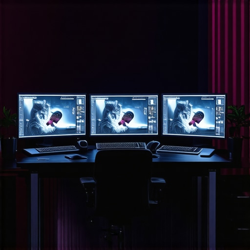 Modern editing studio showcasing hardware and VR equipment for multimedia content creation.