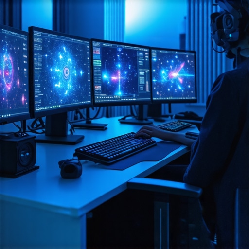 Immersive Editing Environment of the Future A modern editing studio featuring virtual reality headsets, haptic controllers, and holographic screens for multi-sensory content creation.