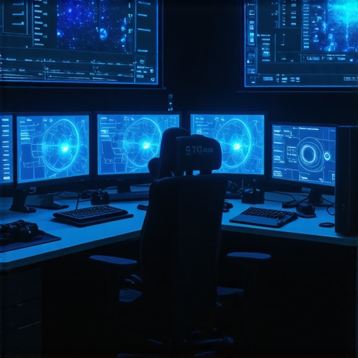 A modern editing studio featuring neural interfaces and holographic editing displays for immersive content creation.