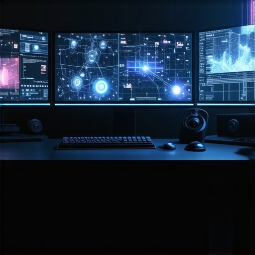 A state-of-the-art multimedia editing setup featuring holographic displays and tactile controls