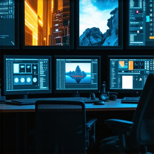 Next-Gen Editing Environment Futuristic multimedia editing studio with holog. interfaces and holographic displays