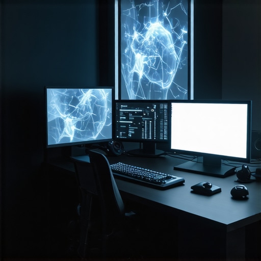 Next-Gen Editing Setup with Haptic and AI Technologies A modern editing workspace featuring haptic devices, advanced monitors, and neural AI interfaces for creative workflows