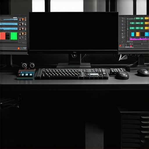 Next-Gen Editing Station with Haptic Devices and AI Interfaces A modern editing setup featuring tactile controllers and AI-powered display screens, illustrating immersive content creation.