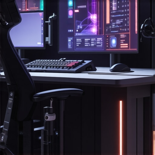 Futuristic professional editing setup featuring tactile controllers and adaptive feedback interfaces for media creators.