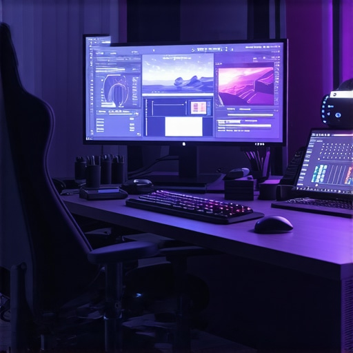 Next-Gen Multimedia Editing Environment A high-tech editing studio featuring holographic displays and immersive tools for professional content creators.