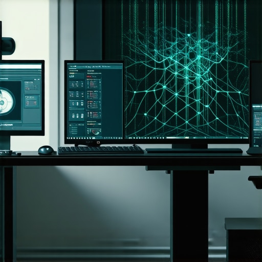 Next-Gen Neural Masking Workstation A futuristic editing station displaying neural network overlays on video frames