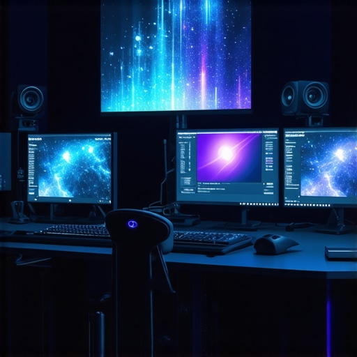 Next-Gen Video Editing Environment Advanced editing workspace with holographic interfaces and AI-integrated hardware