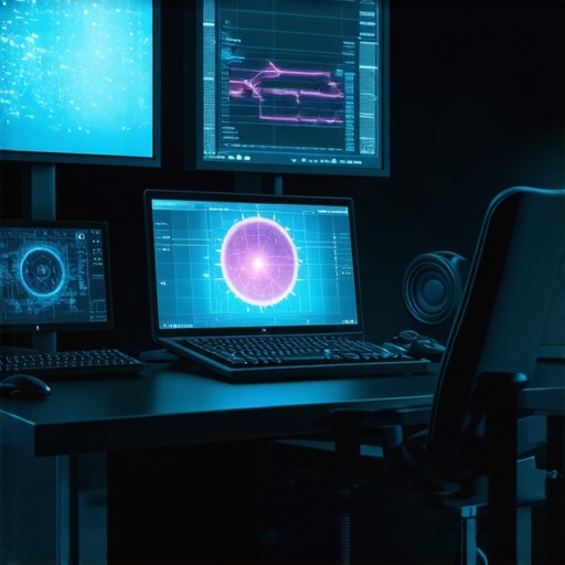 Next-Generation Editing Environment A modern digital editing setup featuring spectral data monitors and tactile interfaces for immersive post-production