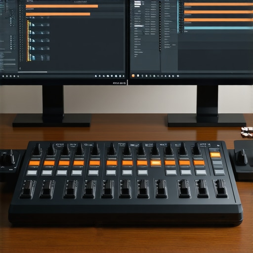 A professional editing workstation featuring customizable control surfaces, calibrated monitors, and tactile feedback devices, demonstrating AI integration in digital content creation.