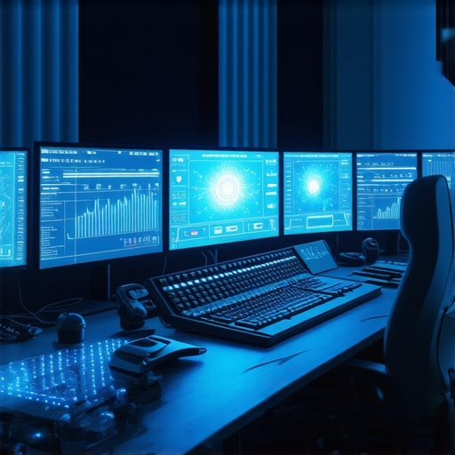 Advanced editing workstation with holographic displays and AI control panels.