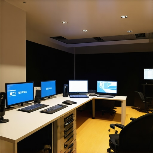 Modern editing workspace with smart lighting, ergonomic furniture, and soundproofing for video editors.