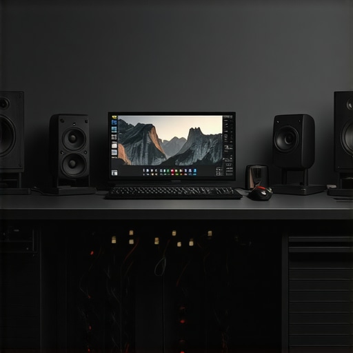 A sleek, ergonomic editing station with ambient lighting, organized cables, and advanced accessories for efficient content creation.