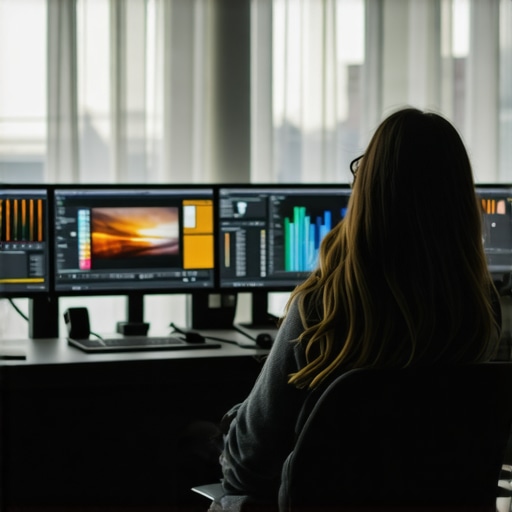 Professional color grading setup featuring monitors and neural calibration tools