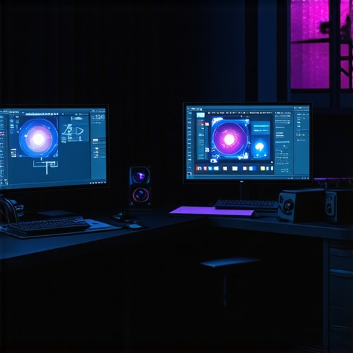 Advanced multimedia editing setup with AI interfaces and holographic controls