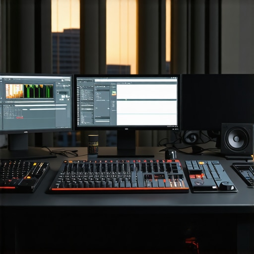 A modern video editing setup featuring AI-enabled peripherals and high-performance hardware.