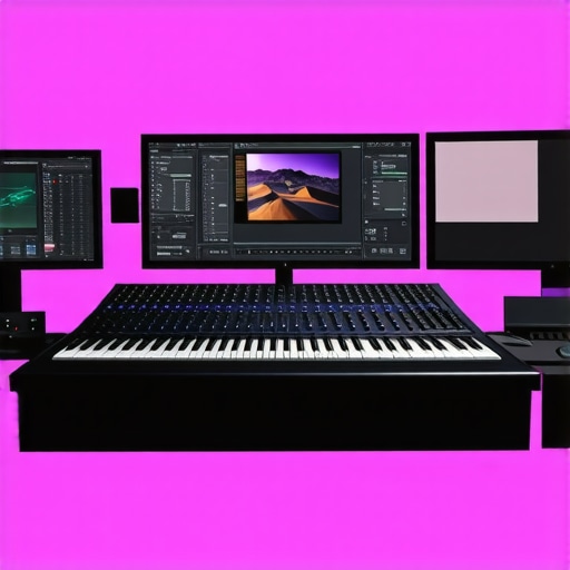 Modern video editing setup with tactile control surfaces and AI interface displays.