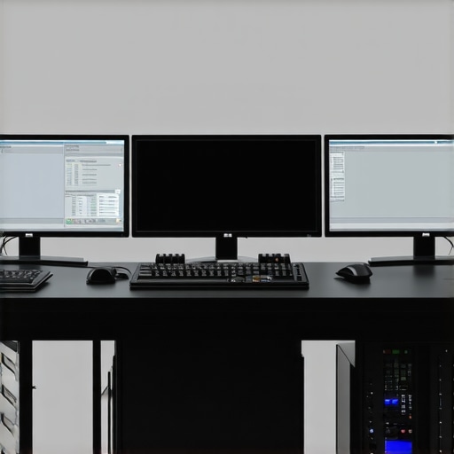A modern video editing station featuring programmable macro pads, haptic controllers, and multiple high-resolution screens.