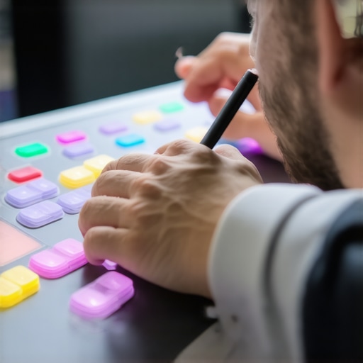 A media editor interacting with a tactile, customizable control surface in a modern editing suite.