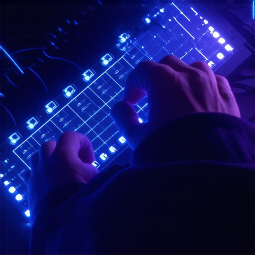 A professional editor adjusting controls on a neural feedback macro pad and haptic sliders with glowing tactile feedback in a modern editing studio.