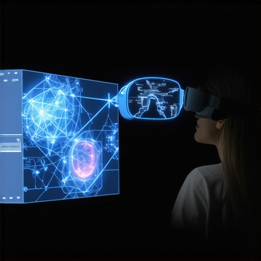 Augmented Reality Editing Interface A futuristic scene showing an editor using AR glasses and holographic displays for content creation.