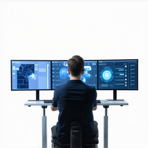 A high-tech media editing workspace with sensory feedback devices and multiple monitors displaying complex video edits