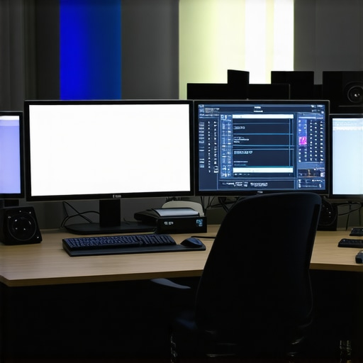 Futuristic Editing Environment with Advanced Hardware A modern editing setup featuring AI hardware, calibrated monitors, and tactile control panels for professional video editing.
