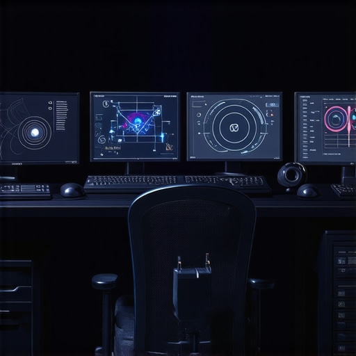 A modern editing studio featuring neural control headsets and tactile feedback panels, showcasing the next generation of creative tools.