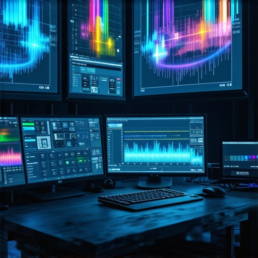 Futuristic Multimedia Editing Studio A high-tech editing studio with holographic displays and AI tools for color calibration and media synchronization.