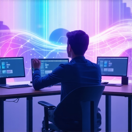 Artist manipulating holographic display with gestures in a professional editing suite