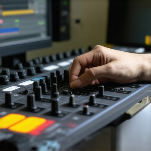 A person adjusting a haptic control surface in a high-tech editing environment.