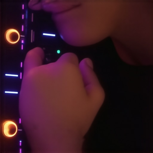 Professional editor manipulating a haptic feedback device with glowing dials during video editing