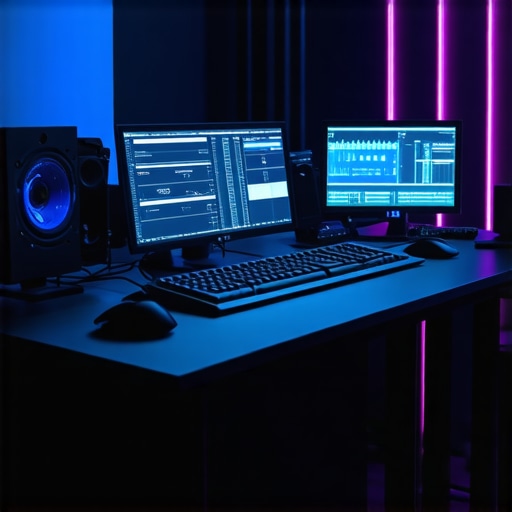 Futuristic editing station featuring neural feedback controls, haptic devices, and macro pads for enhanced creative precision