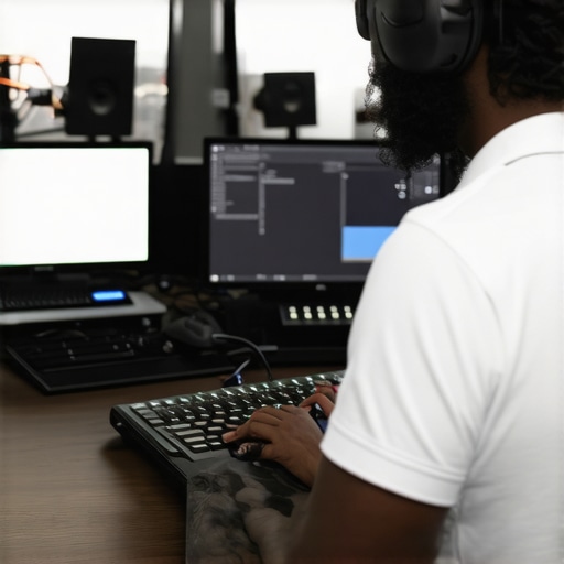 Editor working with neural and haptic accessories in editing workspace.