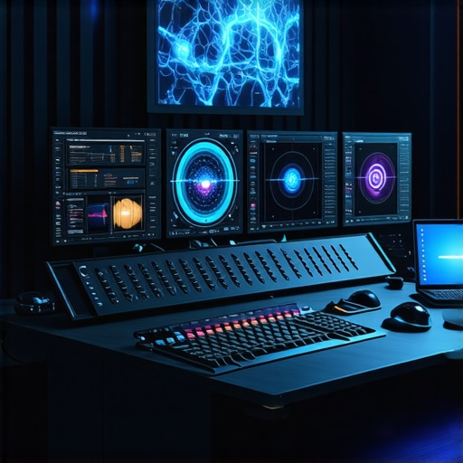 A media professional using a neural network-powered editing system with tactile controls and visual overlays.