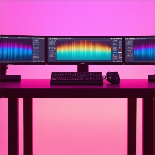 Next-Gen Color Grading Setup with Haptic Controls High-tech color grading workspace featuring haptic feedback devices and 32K display