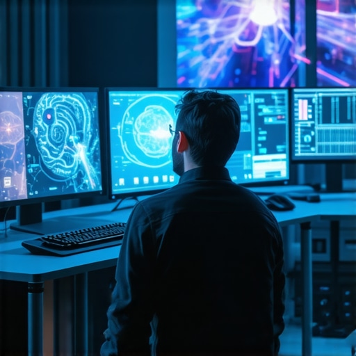 A high-tech editing workstation with holographic displays and neural data flows