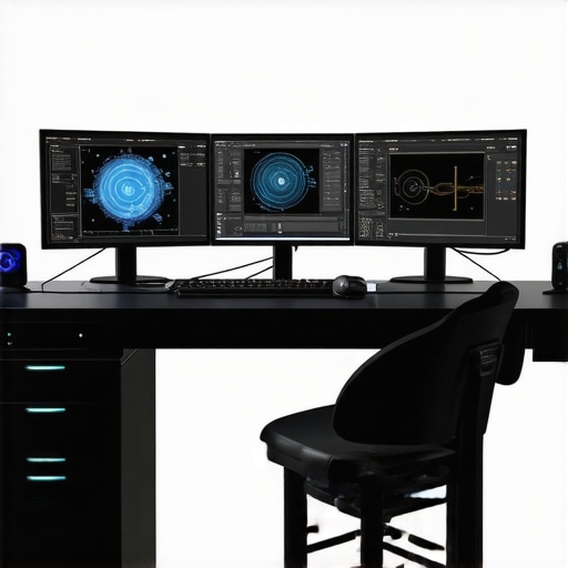 Futuristic editing workstation featuring advanced quantum GPU and neural processing units