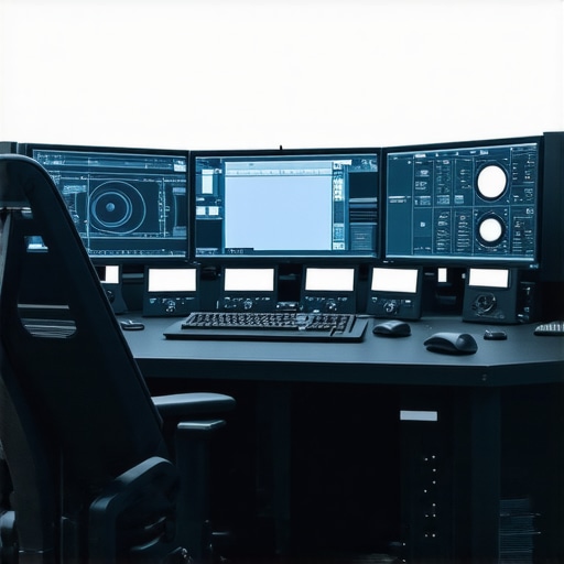 A futuristic media editing setup with customizable control panels and high-definition screens.