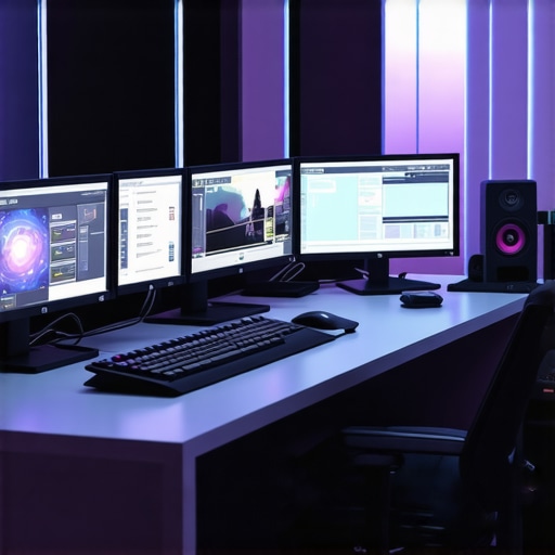 A high-tech media editing studio featuring multisensory control interfaces and holographic displays.