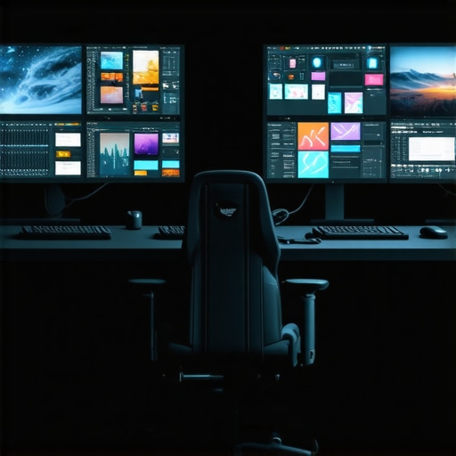 A cutting-edge media editing station with holographic displays, haptic devices, and high-resolution monitors.