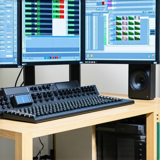 High-performance editing workstation with dual monitors displaying synchronized high-resolution video and audio timelines.