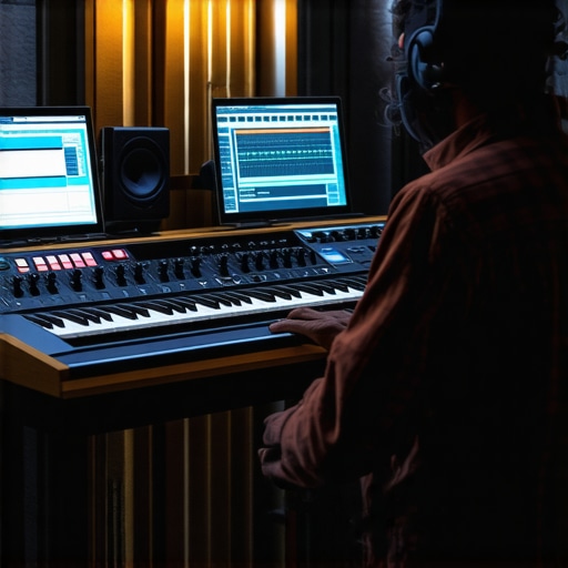 Music producer working with haptic feedback device and neural plugin interface in modern studio.
