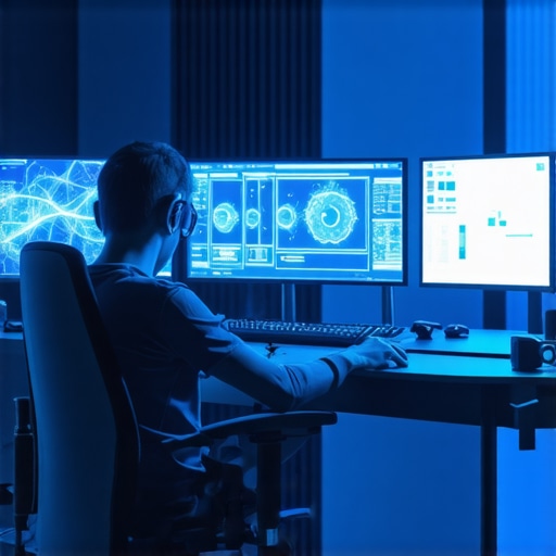 An advanced digital editing setup showcasing neural interfaces and tactile haptic devices.