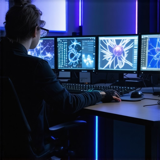 A modern editing studio featuring holographic screens, haptic feedback devices, and scent technology for immersive creative work.